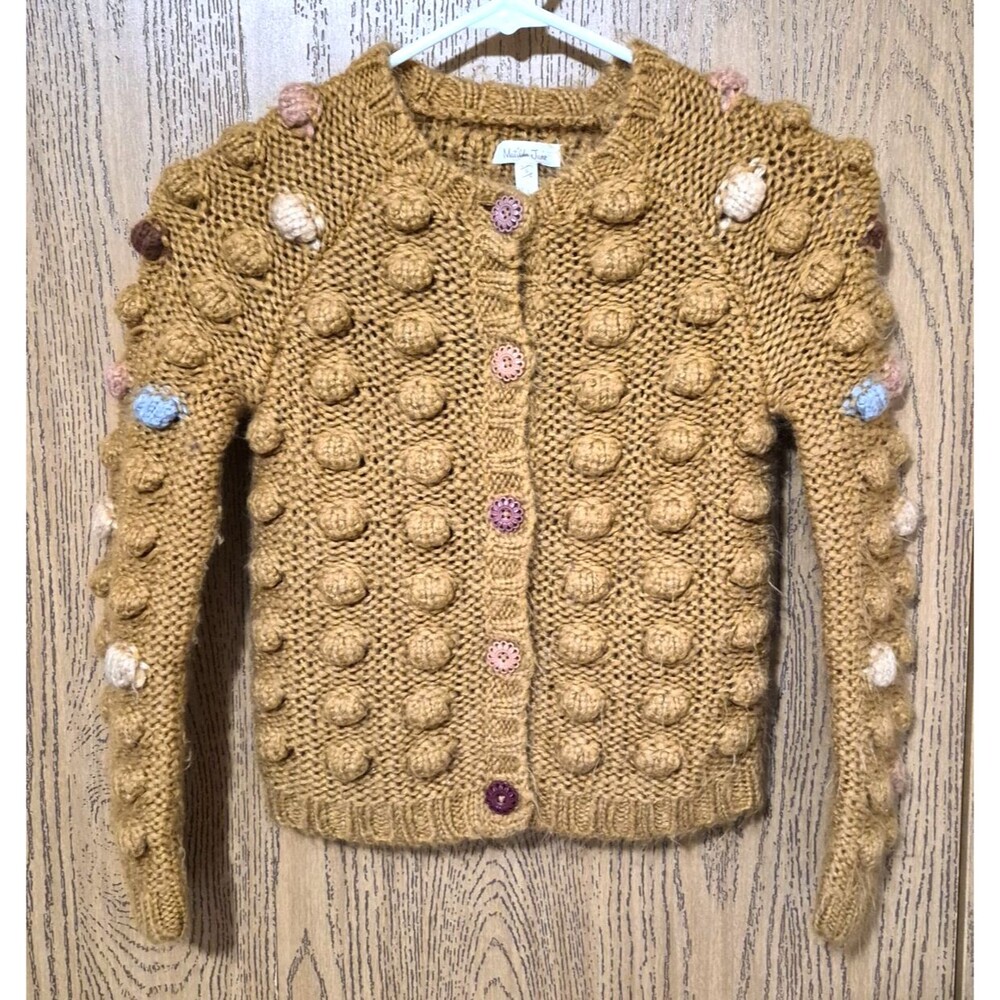Matilda Jane Girls Mustard Popcorn Knit Pom Pom Button Up Sweater Cardigan Sz 6